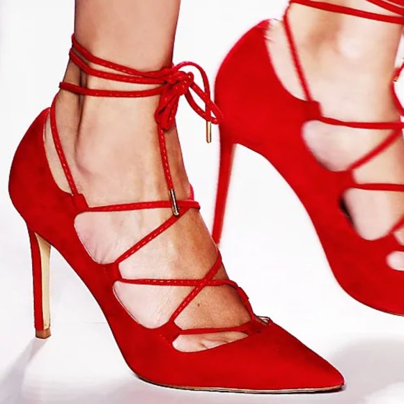 Red Suede Lace-Up Stiletto Pumps - Size 8 - Picture 4 of 4